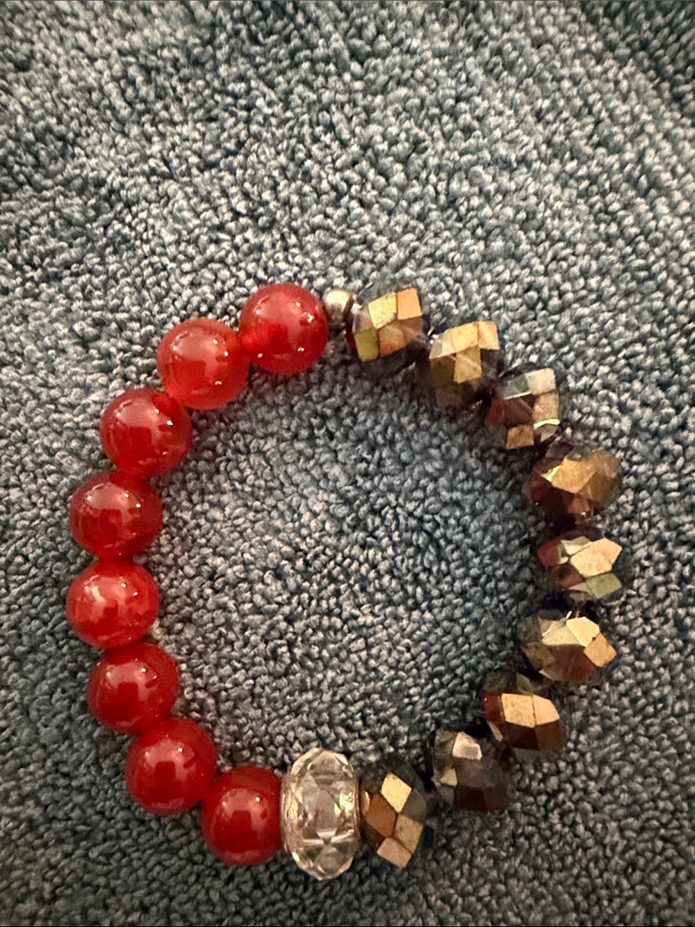 Orange-Reddish & Gold Beaded Stretch Bracelet with Metallic Faceted Accents